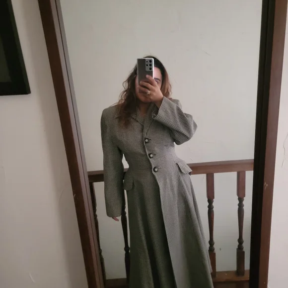 VINTAGE Micro Houndstooth Wool Long Riding Trench Coat Womens S/M Black ivory - Picture 2 of 14